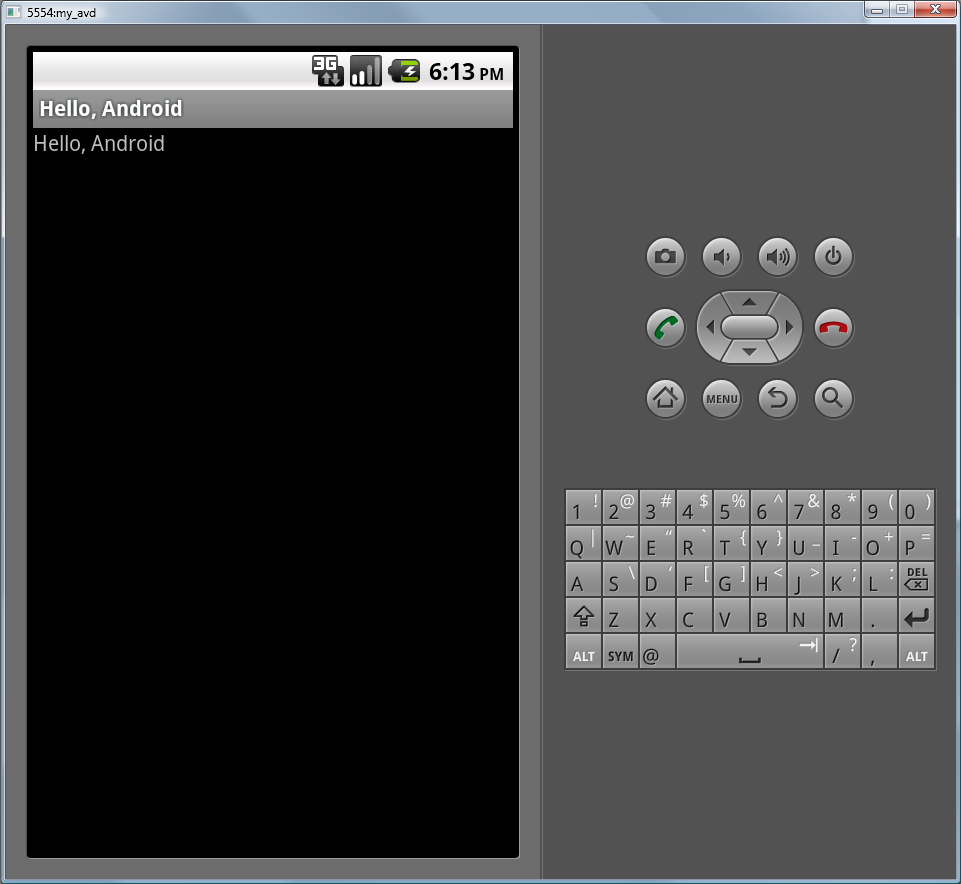 Hello Android: screenshot of the android virtual device
